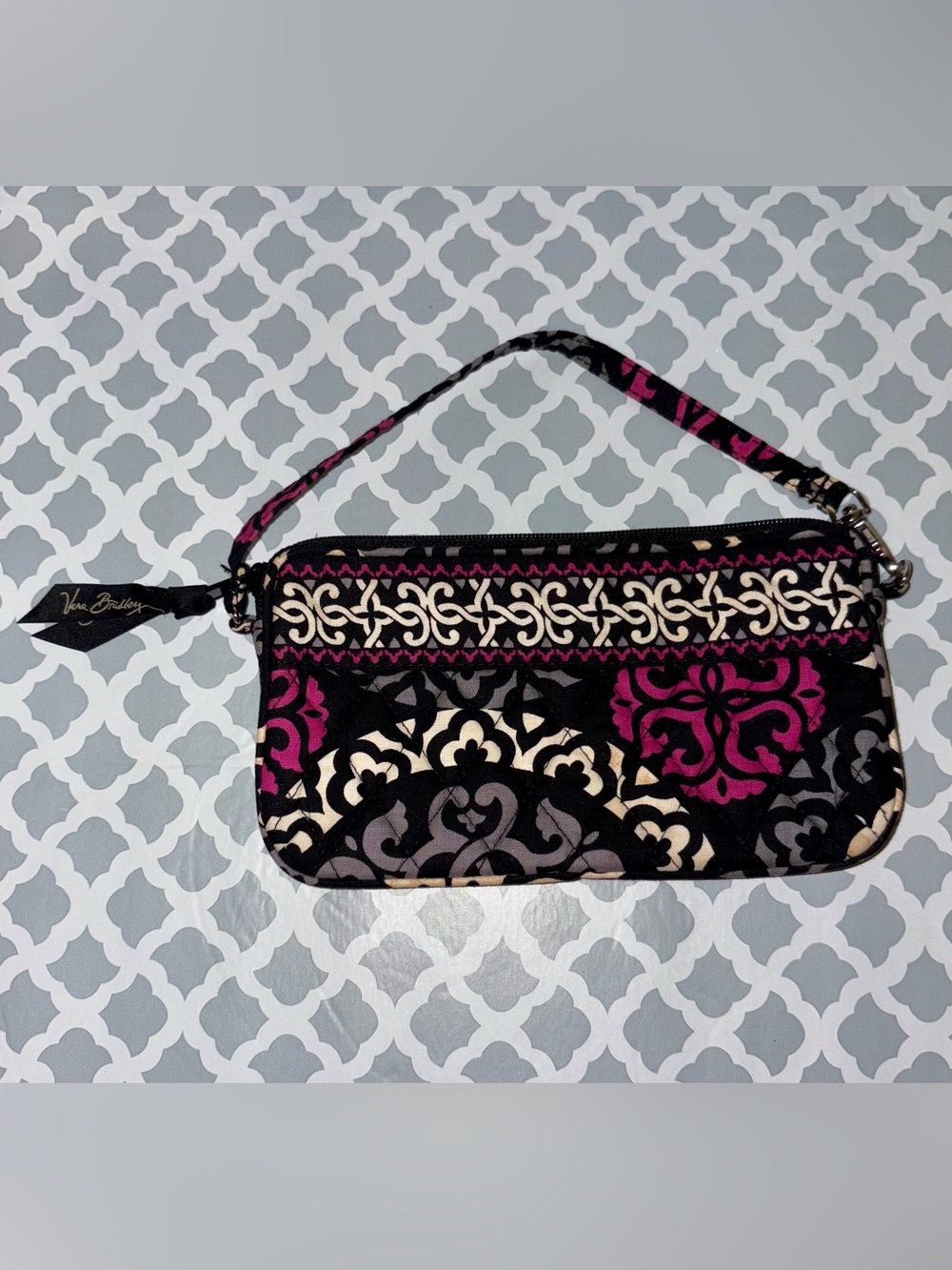 Vera Bradley Black, Pink & Cream Patterned Quilted Wristlet